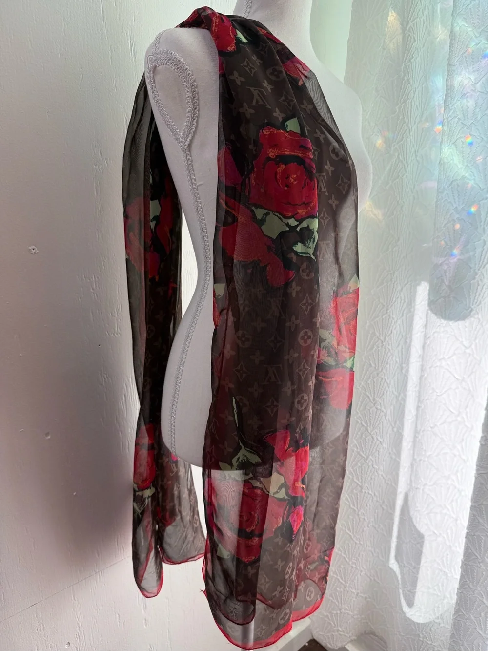 Louis Vuitton Brown Scarf with Red Rose Print